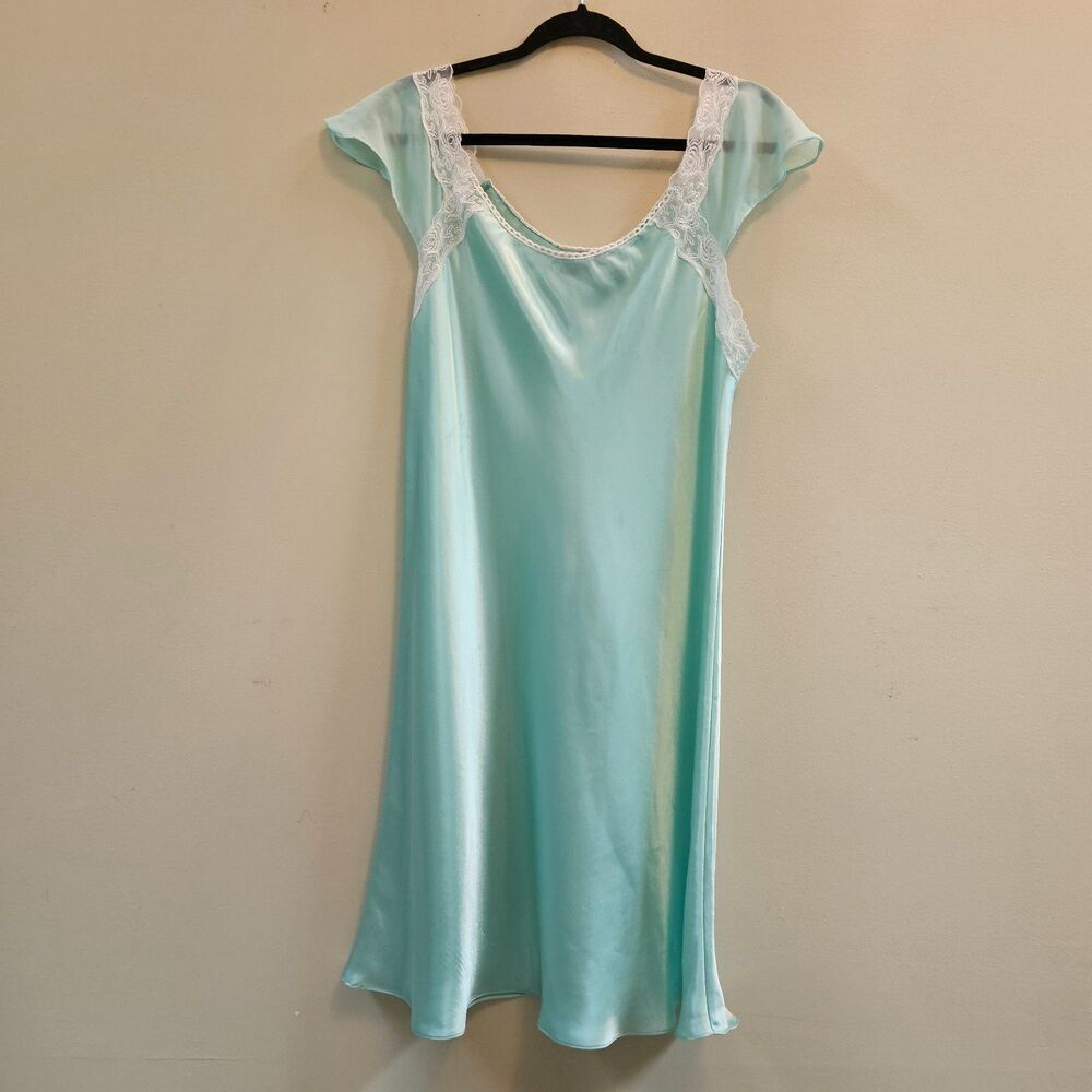 VTG Madison Studio Intimates Mint Green Satin Lingerie Gown Lace Sz XL Feminine